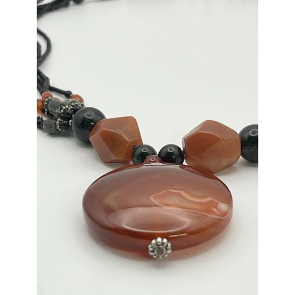 Agate Gemstone Disc Pendant Necklace Multi Strand Stone Beads Orange Brown Black - Picture 4 of 16